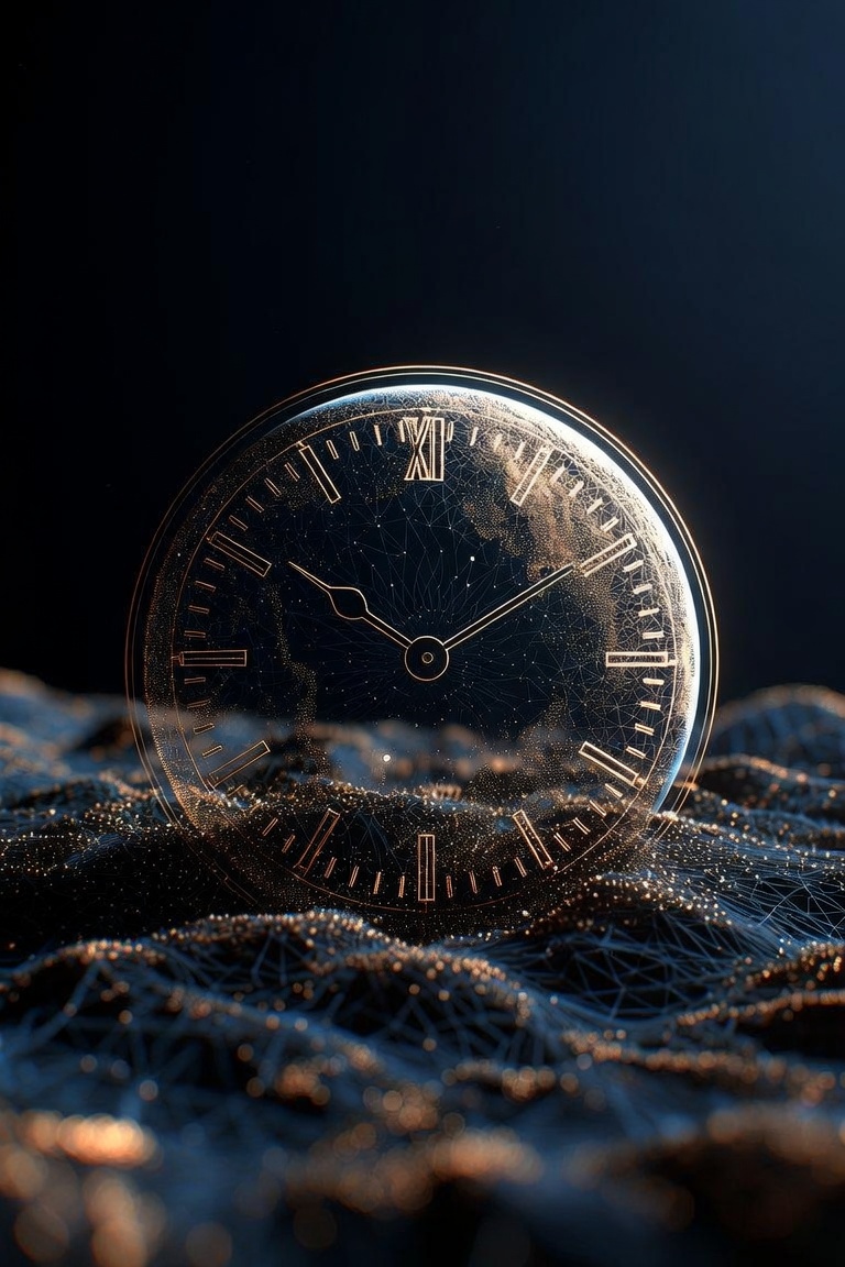 A translucent clock face with a faint world map inside it, glowing gold on a deep indigo background, resting on a softly lit landscape of a fine geometric lattice mesh.